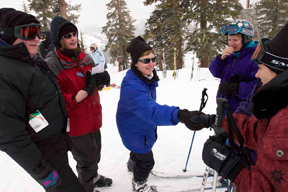 people talking while skiing